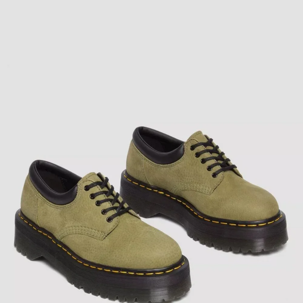 Dr. Martens 8053 Tumbled Nubuck Leather Platform Shoes in Muted Olive — Titan